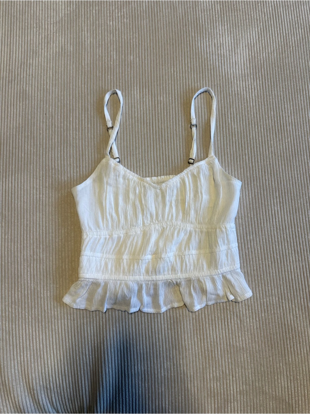White Hollister Ruffled Hem Spaghetti Strap Crop Top